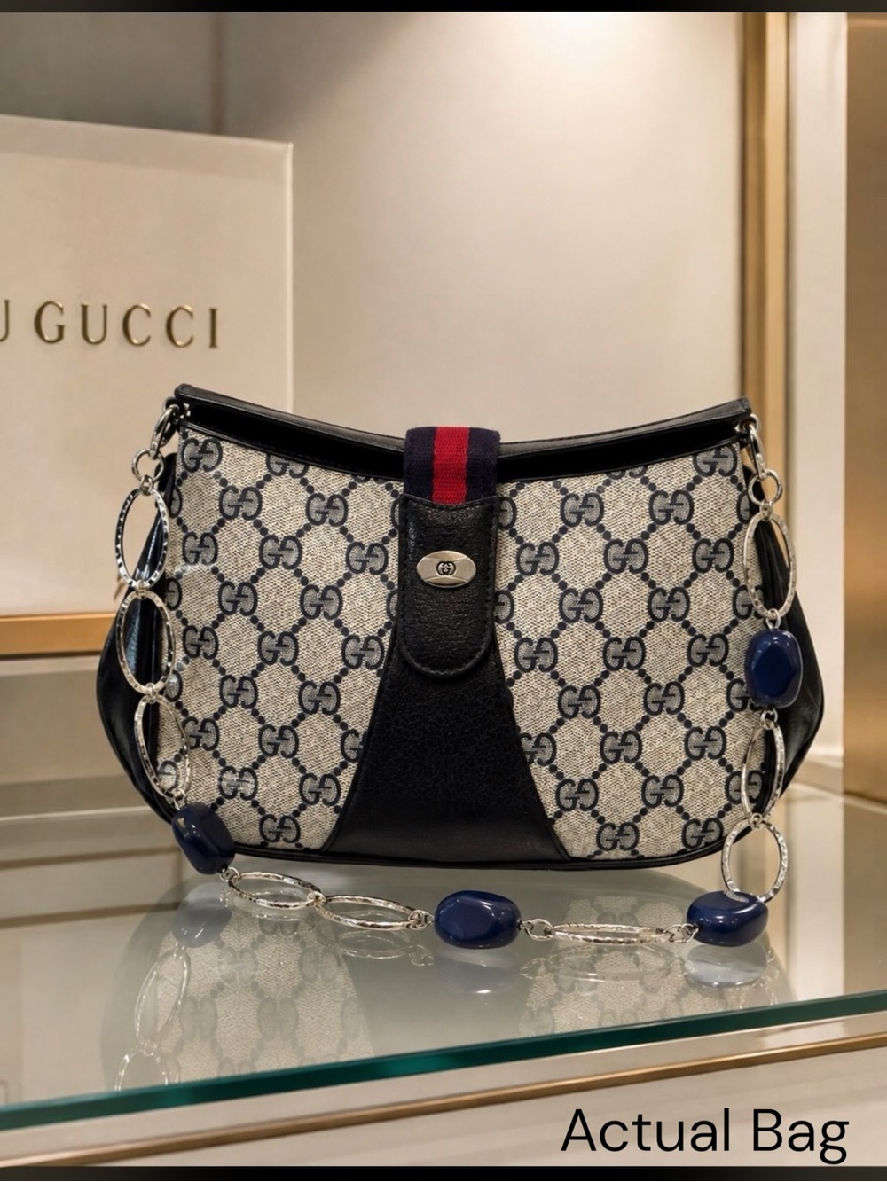 Authentic Gucci Navy GG Canvas/Leather Crossbody Bag Statement Link Chain. VG